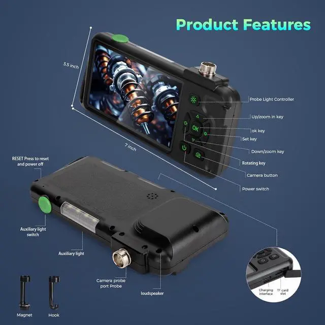 Alt view image 6 of 7 - Triple Lens 1080P Borescope with 50FT Semi-Rigid Cable, 5" IPS Screen Endoscope Camera with Lights, 1080P Industrial Borescope with 32G Storage Card,IP67 Waterproof Drain Camera