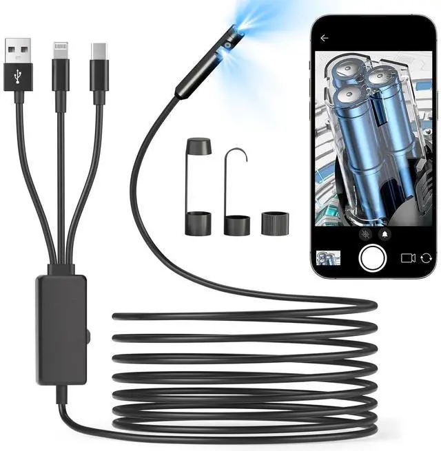 Main image of Dual-Lens Endoscope Camera with Light, WOVTE 1920P Borescope with 8+1 Adjustable LED Lights, 16.5ft Snake Camera, IP67 Waterproof Inspection Camera for iOS/Android/PC