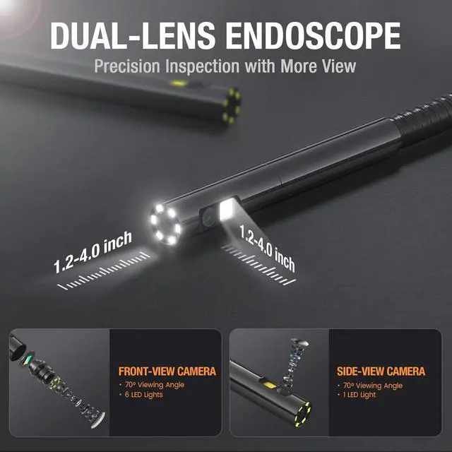 Alt view image 3 of 7 - Dual Lens Endoscope with 5" Monitor, Teslong NTS500 Industrial Waterproof Borescope Inspection Camera with 0.21in Front & Side-View Double Lens with 9.8FT Probe, 5-Inch IPS LCD Screen & Case