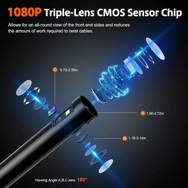 Alt view image 3 of 7 - Triple Lens Sewer Camera with 50ft, 5" IPS Screen Borescope with Light, 1080P HD Endoscope IP67 Drain Pipe Snake Drain Camera, 32G Card Semi-Rigid Cable for Plumbing Inspection + Case