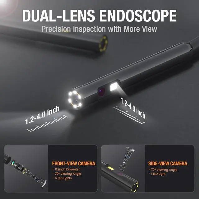 Alt view image 3 of 7 - Dual Lens Endoscope Camera with Light, Teslong 4.5" HD Snake Borescope Inspection Camera, 0.2inch Automotive Scope Camera with Flexible Cable, Industrial Fiber Optic for Engine Mechanic(5FT)