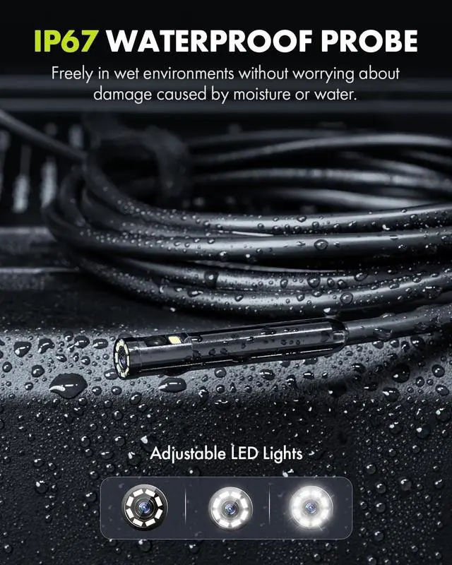 Alt view image 5 of 7 - Anykit Dual Lens Borescope,1080P Industrial Endoscope Camera with Light, IP67 Waterproof Inspection Camera, Sewer Camera with 4.0" IPS Screen, Waterproof 16.5ft Snake Camera, 32GB Card