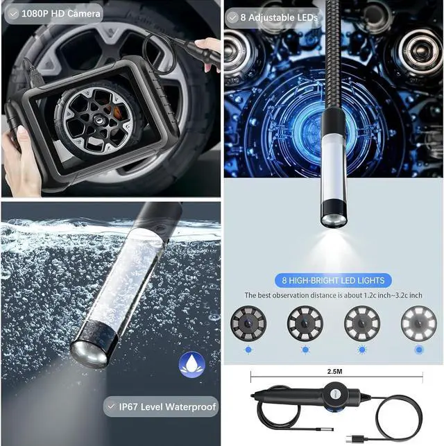 Alt view image 2 of 4 - XTOOL Inspection Camera XV200, 2MP&1080P HD& 8 LEDs Automotive/Industrial Endoscope Waterproof Borescope Camera with Light, Work with D7/D7S/D7W, D8S/D8W, D9S//D9S PRO/IP919 PRO Type-C Version