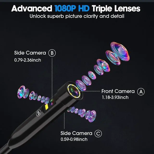 Alt view image 3 of 7 - Endoscope Camera with Light,Triple Lens 1080P HD Borescope,16.4ft/5M Cable,2MP IP67 Waterproof Inspection Camera,2600mAh Battery,8GB Storage (M60-3lens-8GB-5M)