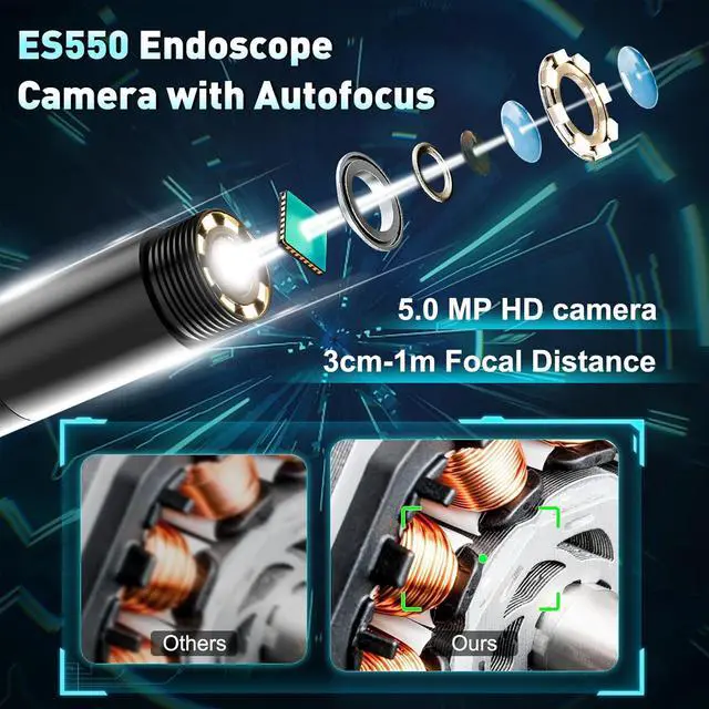 Alt view image 2 of 6 - Autofocus Endoscope with 5" Screen, ES550 Auto Focus Industrial Borescope Inspection Camera, 16.5FT Gooseneck Probe, IPS LCD Screen, LED Lights & Case