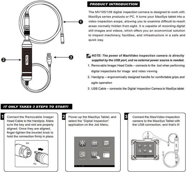 Alt view image 4 of 4 - Autel MaxiVideo MV108S Inspection Endoscope Video Scope for Autel MX900 / TS900 / MK808 S / MK900 / MS909 / Ultra EV
