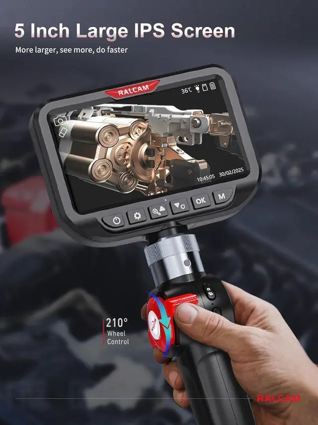 Alt view image 2 of 7 - Ralcam Dual Lens Articulating Borescope, 6.5mm Slim Probe, 5" Endoscope Camera with Light, 5FT Semi-Rigid Cable, Two-Way Articulated Inspection Camera for Automotive Wall Pipe