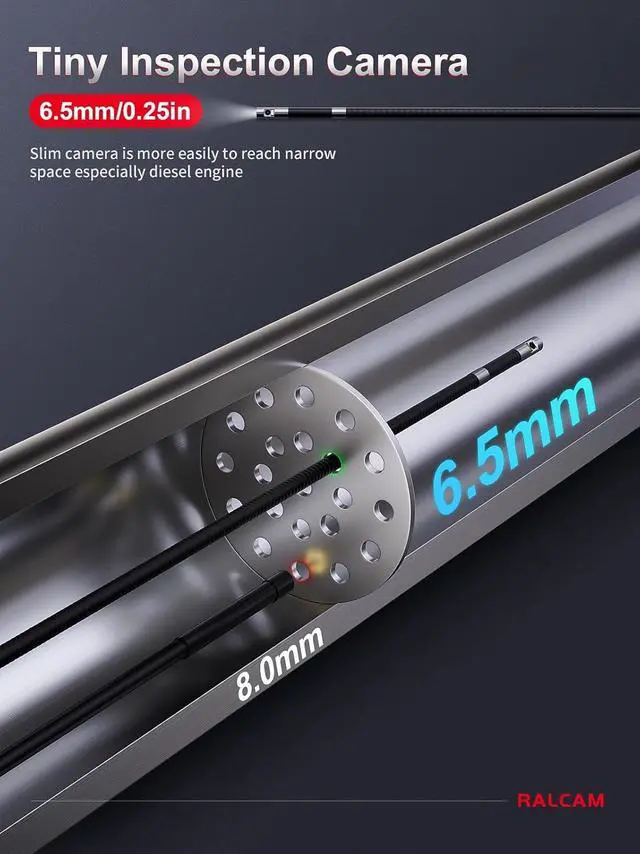 Alt view image 5 of 7 - Ralcam Dual Lens Articulating Borescope, 6.5mm Slim Probe, 5" Endoscope Camera with Light, 5FT Semi-Rigid Cable, Two-Way Articulated Inspection Camera for Automotive Wall Pipe