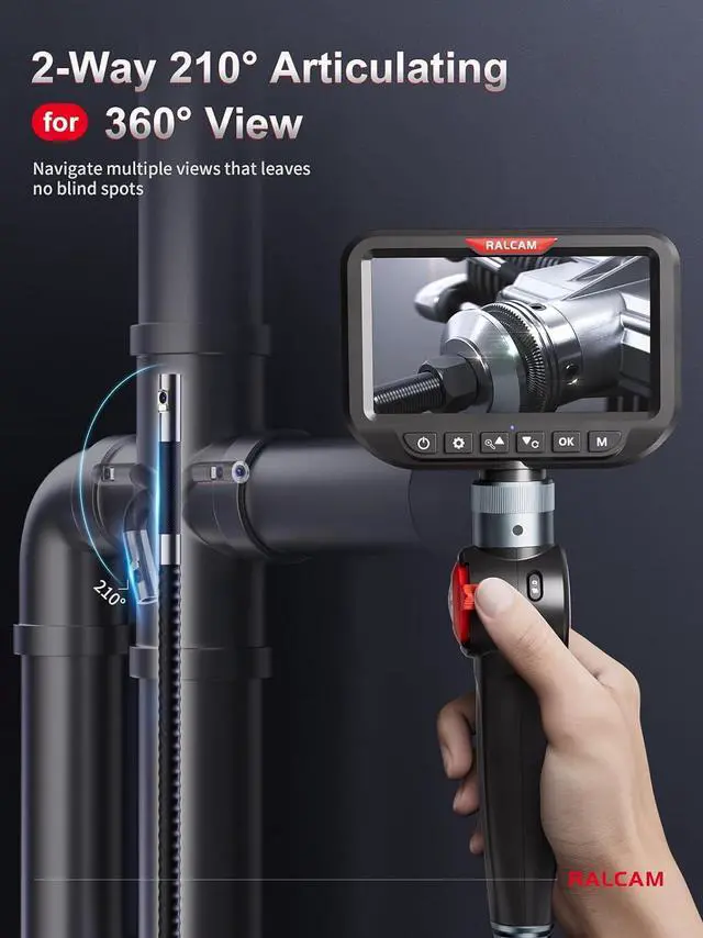 Alt view image 4 of 7 - Ralcam Dual Lens Articulating Borescope, 6.5mm Slim Probe, 5" Endoscope Camera with Light, 5FT Semi-Rigid Cable, Two-Way Articulated Inspection Camera for Automotive Wall Pipe