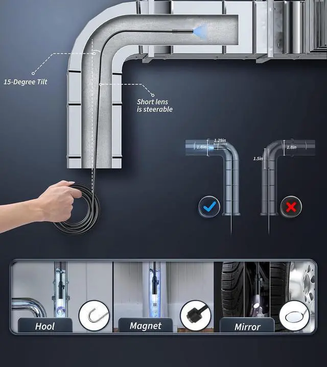 Alt view image 7 of 7 - 5.2mm Borescope, Endoscope Camera with Light, IP67 Waterproof Sewer Camera with 4.3" LCD Screen, 1080P HD with 8 LED Lights, 32GB Card, Carrying Case, Gadgets for Men & Tools for Men