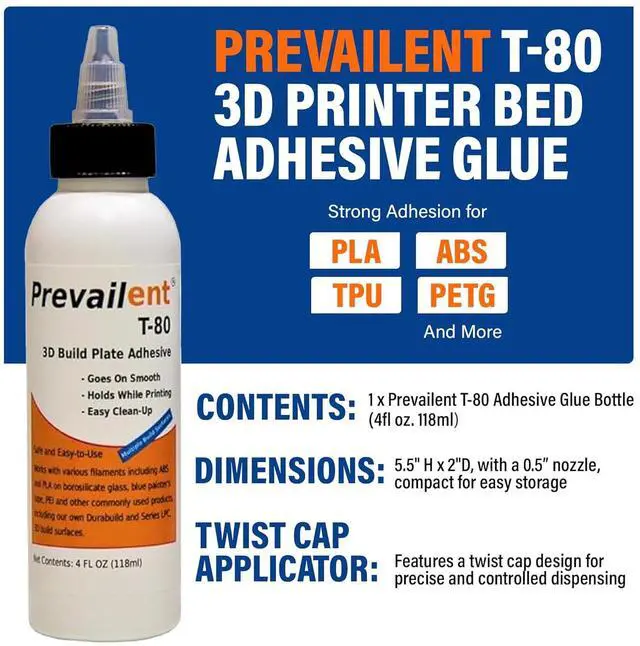 Alt view image 2 of 6 - Prevailent T-80 3D Printer Bed Adhesive Glue  Strong Adhesion for PLA, ABS, TPU, PETG & More, Prevents Warping, Easy Release, Ideal for 3D Printers, Dual Extruders & Hot Beds, 4 fl oz. (118ml)