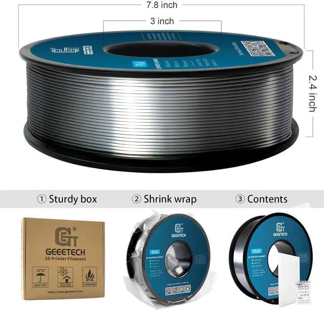 Alt view image 7 of 7 - Geeetech Silk PLA Filament 1.75mm for 3D Printer, Metal-Like Shiny 3D Filament 1kg (2.2lbs) 1 Spool, Dimensional Accuracy +/- 0.02 mm, Metallic Silver Silk Filament