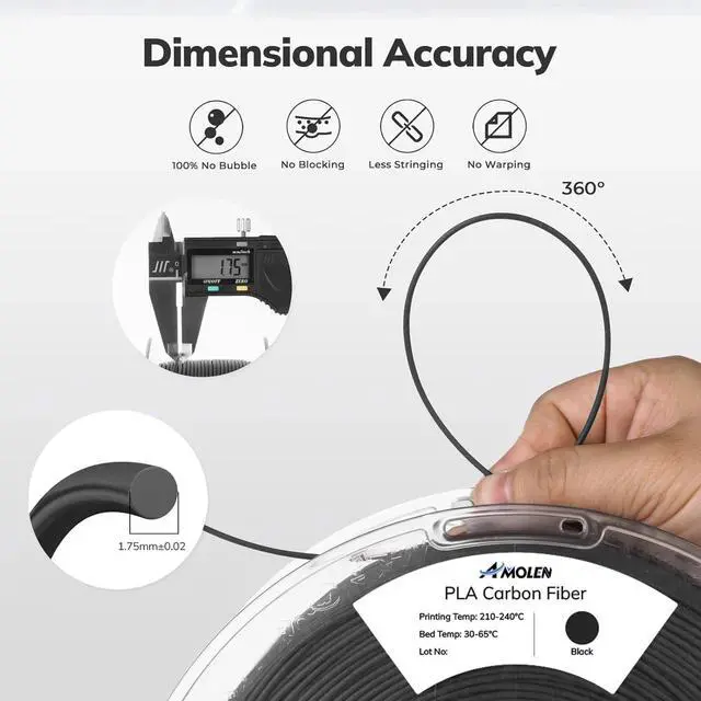 Alt view image 3 of 7 - AMOLEN Carbon Fiber PLA Filament 1.75mm, Lightweight & High-Strength PLA-CF Filament, Dimensional Accuracy ± 0.02mm, 1kg(2.2lbs) Spool for 3D Printers (Black)