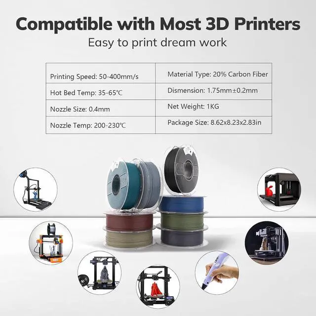 Alt view image 5 of 7 - AMOLEN Carbon Fiber PLA Filament 1.75mm, Lightweight & High-Strength PLA-CF Filament, Dimensional Accuracy ± 0.02mm, 1kg(2.2lbs) Spool for 3D Printers (Black)