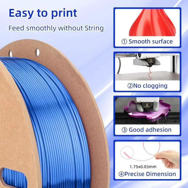 Alt view image 3 of 7 - Silk PLA Filament 1.75mm, Silk PLA 3D Printer Filament, 2.2 LBS (1KG) Cardboard Spool, Fit Most FDM 3D Printer, Silk Blue