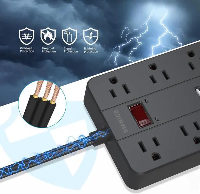 Alt view image 5 of 6 - Power Strip with USB,SMNICE Surge Protector Flat Plug with 8 Widely-Spaced Outlets & 6 USB(1USB C) Ports, Wall Mountable 5ft Extension Cord for Smartphone Tablet Laptop Computer Multiple Devices