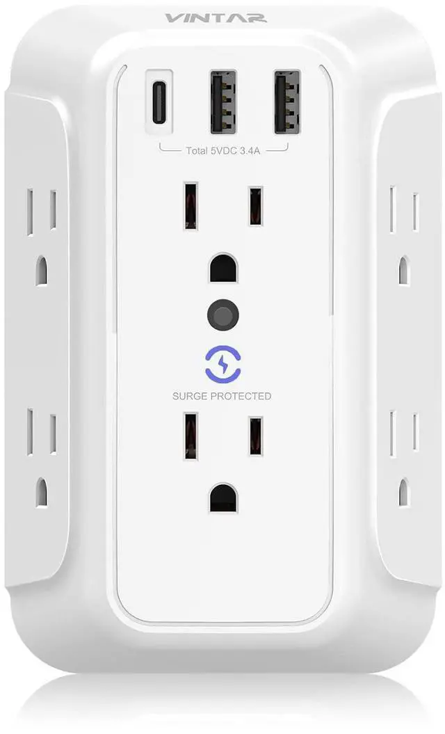 Main image of Wall Charger, Surge Protector, 6 Outlet Extender with 3 USB Charging Ports (1 USB C, 3.4A) 900J Wall Mount Power Strip Multi Plug Outlets for Home Travel Office ETL Listed