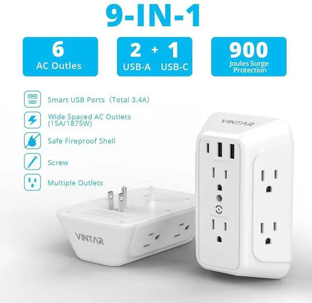 Alt view image 2 of 7 - Wall Charger, Surge Protector, 6 Outlet Extender with 3 USB Charging Ports (1 USB C, 3.4A) 900J Wall Mount Power Strip Multi Plug Outlets for Home Travel Office ETL Listed