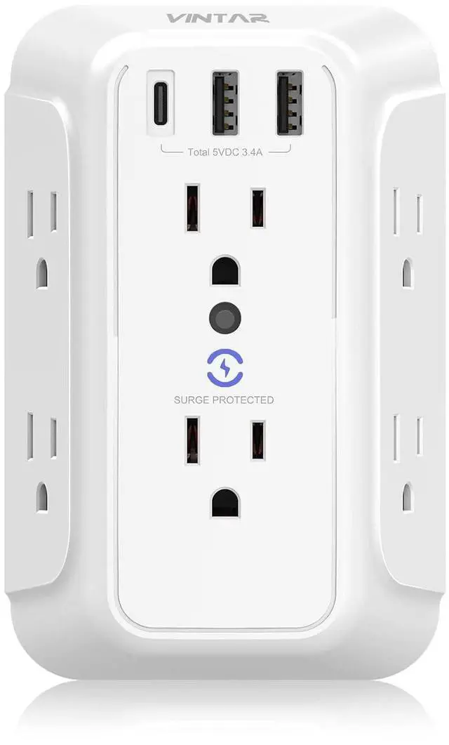 Alt view image 4 of 7 - Wall Charger, Surge Protector, 6 Outlet Extender with 3 USB Charging Ports (1 USB C, 3.4A) 900J Wall Mount Power Strip Multi Plug Outlets for Home Travel Office ETL Listed