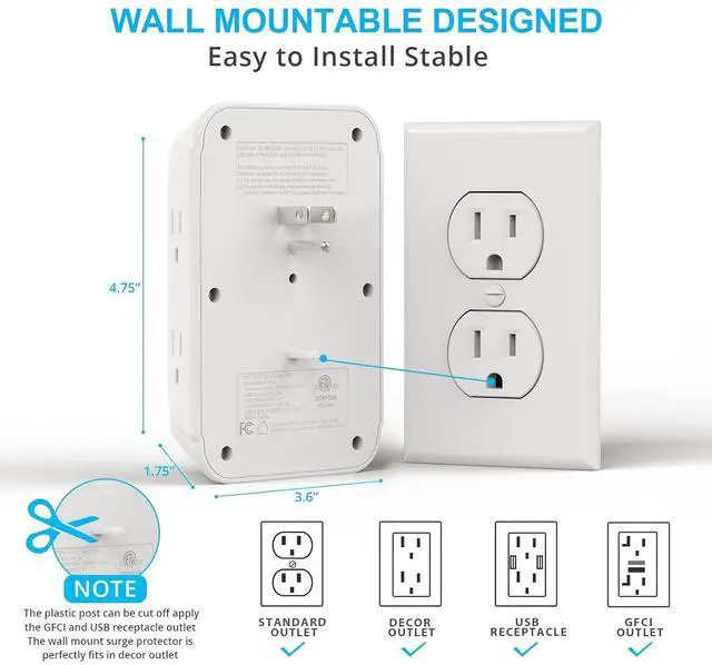 Alt view image 5 of 7 - Wall Charger, Surge Protector, 6 Outlet Extender with 3 USB Charging Ports (1 USB C, 3.4A) 900J Wall Mount Power Strip Multi Plug Outlets for Home Travel Office ETL Listed