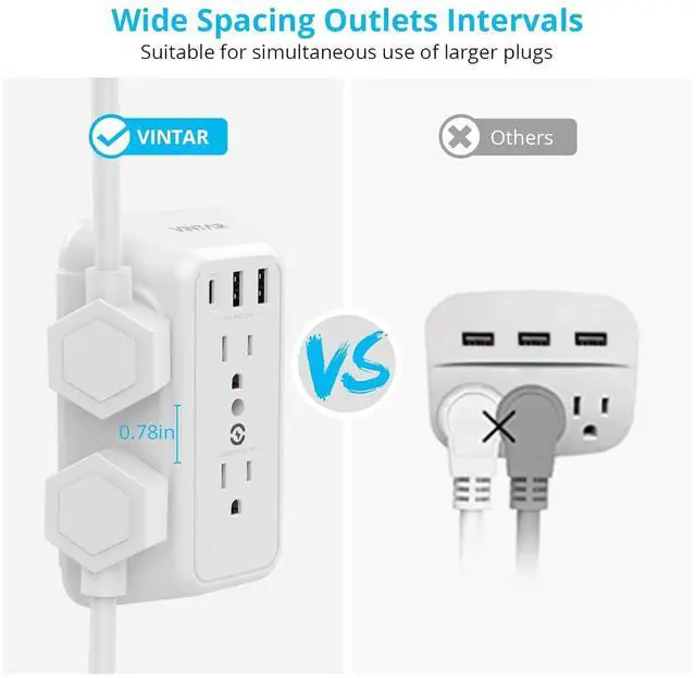 Alt view image 7 of 7 - Wall Charger, Surge Protector, 6 Outlet Extender with 3 USB Charging Ports (1 USB C, 3.4A) 900J Wall Mount Power Strip Multi Plug Outlets for Home Travel Office ETL Listed