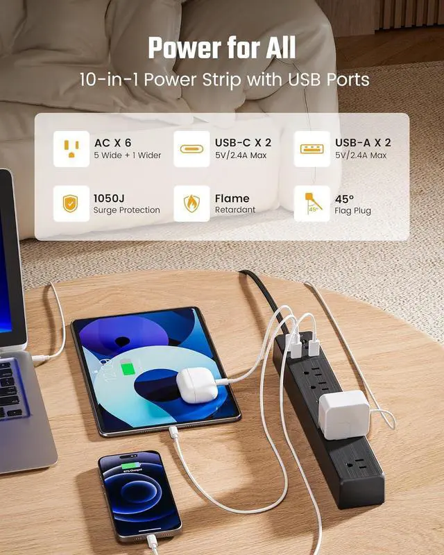 Alt view image 2 of 7 - Power Strip, SUPERDANNY 5-Outlet Surge Protector, 3 USB Ports, 4.5 Ft Extension Cord, 900 Joules, Mountable, Overload Switch, Protected Indicator Light, Multiple Protections for Home Office, Black