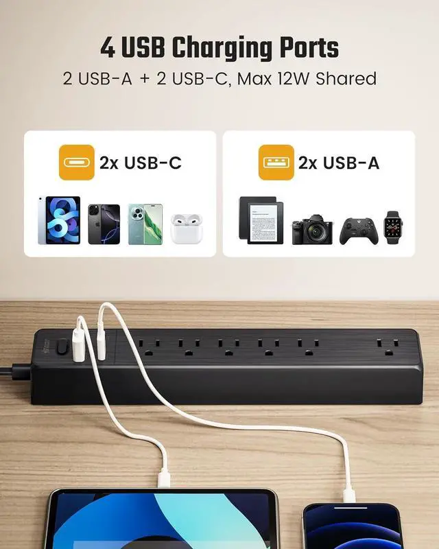 Alt view image 4 of 7 - Power Strip, SUPERDANNY 5-Outlet Surge Protector, 3 USB Ports, 4.5 Ft Extension Cord, 900 Joules, Mountable, Overload Switch, Protected Indicator Light, Multiple Protections for Home Office, Black