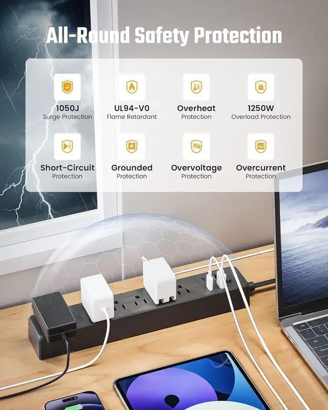 Alt view image 7 of 7 - Power Strip, SUPERDANNY 5-Outlet Surge Protector, 3 USB Ports, 4.5 Ft Extension Cord, 900 Joules, Mountable, Overload Switch, Protected Indicator Light, Multiple Protections for Home Office, Black