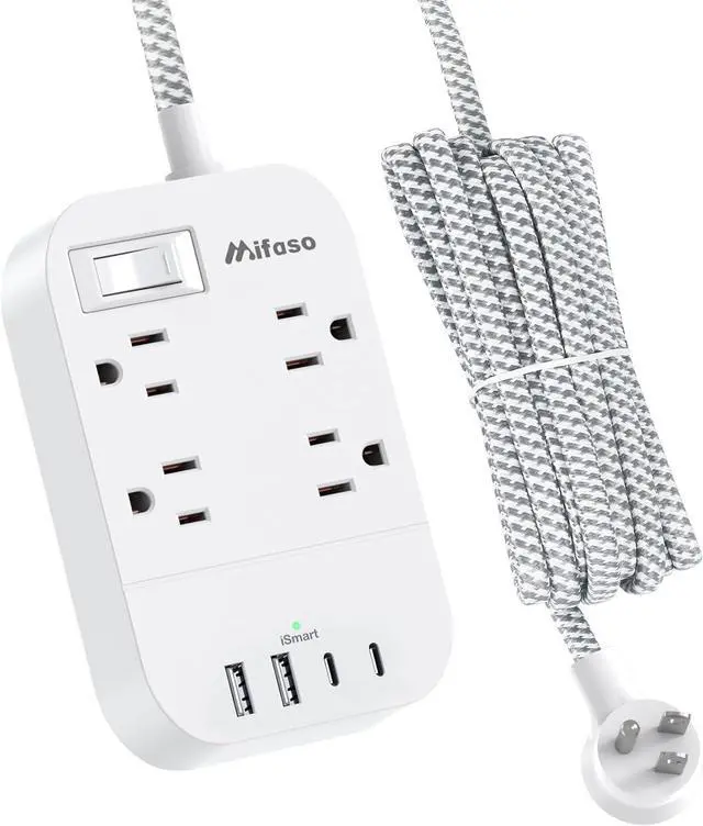 Main image of Power Strip Long Extension Cord - 10Ft Braided Extension Cord with Flat Plug, 4 Outlets and 3 USB Charging Ports, Overload Protection and Wall Mount for Home, Office