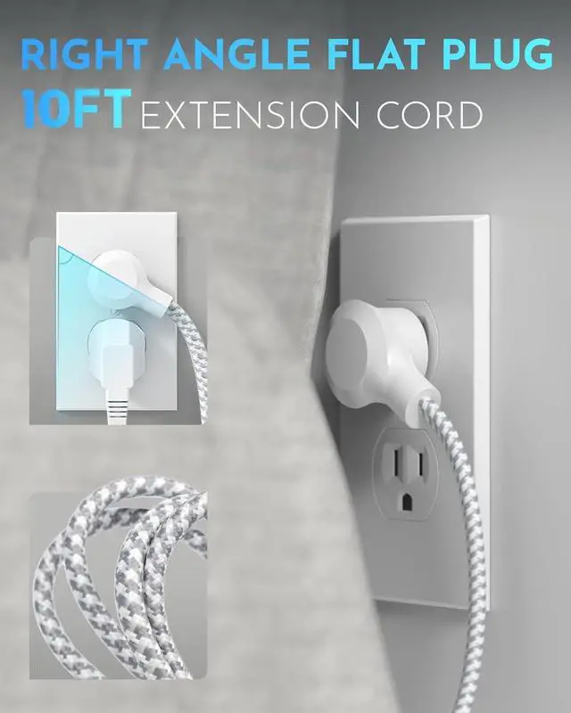 Alt view image 4 of 6 - Power Strip Long Extension Cord - 10Ft Braided Extension Cord with Flat Plug, 4 Outlets and 3 USB Charging Ports, Overload Protection and Wall Mount for Home, Office