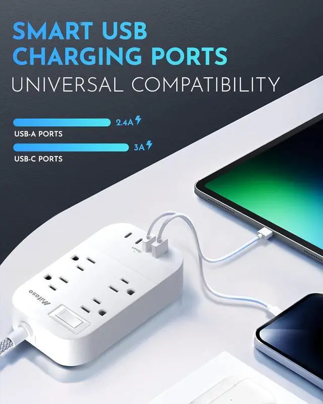 Alt view image 3 of 6 - Power Strip Long Extension Cord - 10Ft Braided Extension Cord with Flat Plug, 4 Outlets and 3 USB Charging Ports, Overload Protection and Wall Mount for Home, Office
