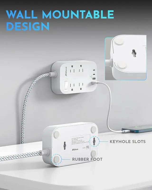 Alt view image 6 of 6 - Power Strip Long Extension Cord - 10Ft Braided Extension Cord with Flat Plug, 4 Outlets and 3 USB Charging Ports, Overload Protection and Wall Mount for Home, Office