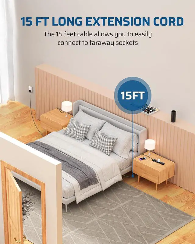 Alt view image 3 of 7 - DEWENWILS 2-Pack Power Strip Surge Protector,15 Ft Extra Long Extension Cord, Low Profile Flat Plug,15 Amp Circuit Breaker, 500 Joules, Wall Mount, Black, UL Listed