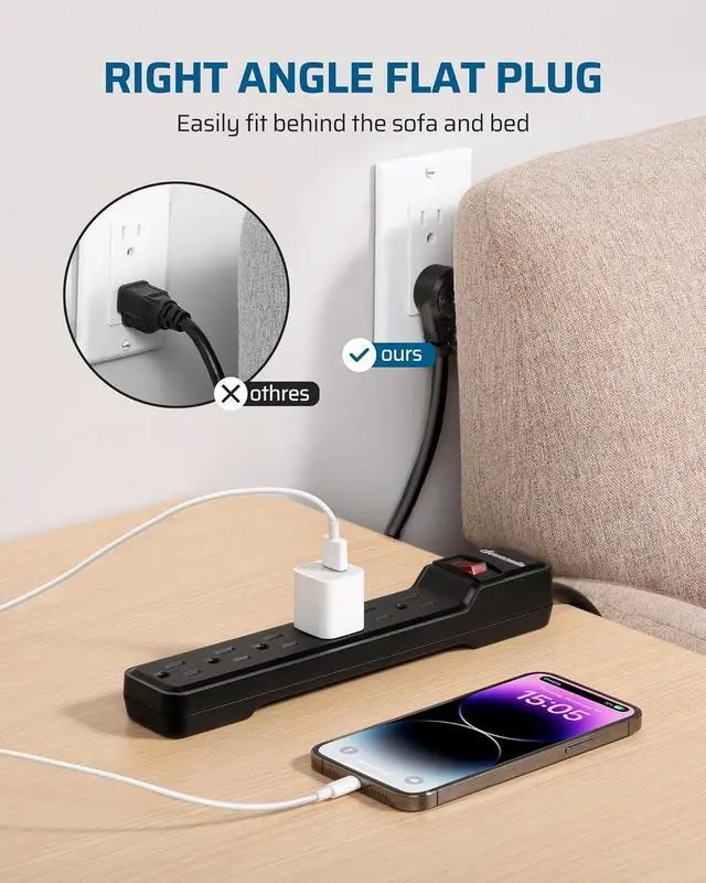 Alt view image 5 of 7 - DEWENWILS 2-Pack Power Strip Surge Protector,15 Ft Extra Long Extension Cord, Low Profile Flat Plug,15 Amp Circuit Breaker, 500 Joules, Wall Mount, Black, UL Listed