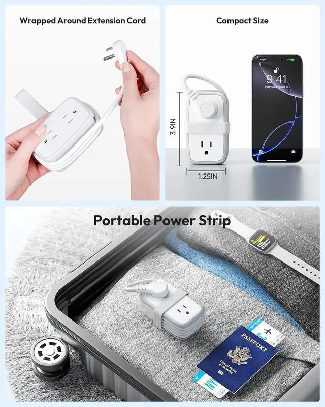 Alt view image 2 of 7 - Travel Power Strip with USB Ports, NTONPOWER Travel Essentials 4 Outlets 3 USB with 4FT Wrapped Extension Cord Flat Plug, Cruise Essentials 2025 for Hotel Travel Cruise Essentials, White