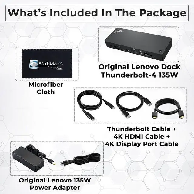 Alt view image 2 of 7 - 40B00135US Lenovo Thinkpad Docking Station USB C - 1 Year Warranty, Supports 4K Display, Thunderbolt 4 Dock with 135W Adapter, HDMI, DisplayPort, Thunderbolt Cables & Cloth - Lenovo Docking Station