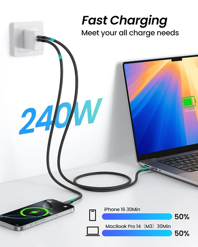 Alt view image 4 of 7 - 80Gbps USB 4 for Thunderbolt 5 Cable 4FT 120Gbps Bandwidth 240W