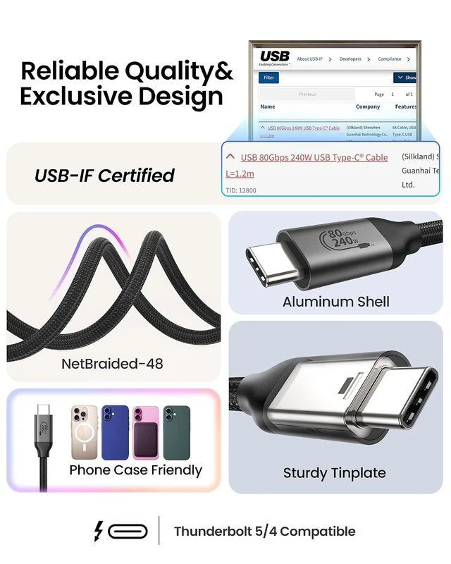 Alt view image 5 of 7 - 80Gbps USB 4 for Thunderbolt 5 Cable 4FT 120Gbps Bandwidth 240W