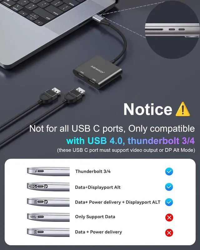 Alt view image 2 of 7 - USB C to Dual HDMI Adapter 4K@60Hz, HDMI Splitter for Dual Monitors Extend Display, USB C HUB Multi Monitor Adapter to 2HDMI Ports Converter for Dell XPS 13/15,HP,Lenovo, Surface Type C Laptop(Black)