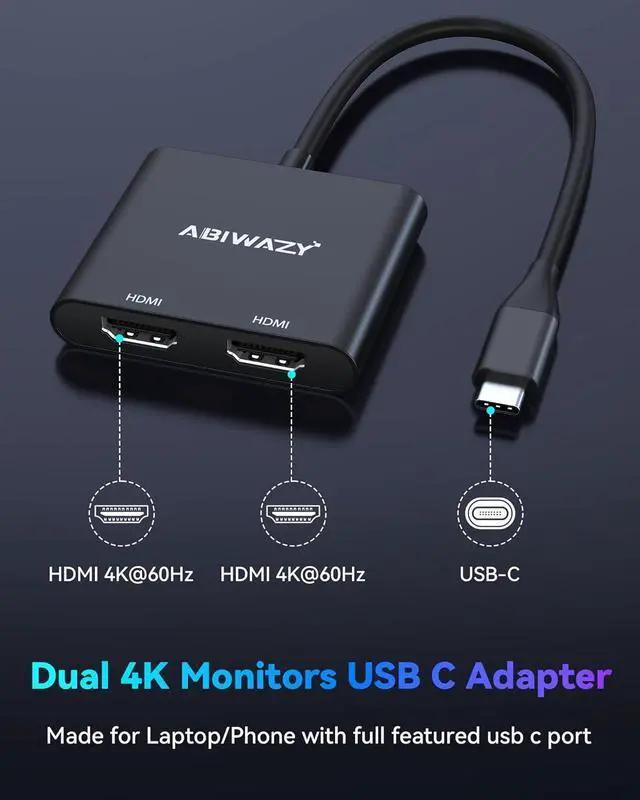 Alt view image 6 of 7 - USB C to Dual HDMI Adapter 4K@60Hz, HDMI Splitter for Dual Monitors Extend Display, USB C HUB Multi Monitor Adapter to 2HDMI Ports Converter for Dell XPS 13/15,HP,Lenovo, Surface Type C Laptop(Black)