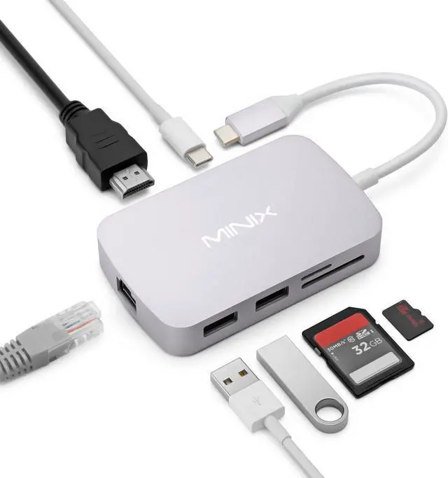 Main image of MINIX USB C Adapter, 7 in 1 USB C Hub with 4K 60Hz HDMI,Gigabit Ethernet, 2 USB 3.0, 100W PD Charging, SD/TF Card Reader, Compatible with MacBook Pro/Air, iPad Air/Pro, iMac, Laptop, PC, Grey
