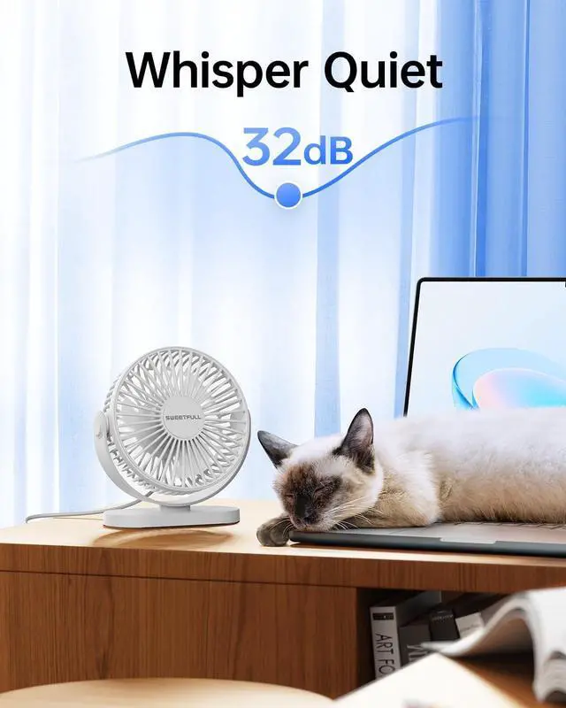 Alt view image 3 of 6 - SWEETFULL USB Desk Fan Small Quiet - 3 Speeds Mini Personal Portable Fan 360° Rotation Adjustable, 5.5 Inch Office Table Cooling Gadgets on Desktop (White)