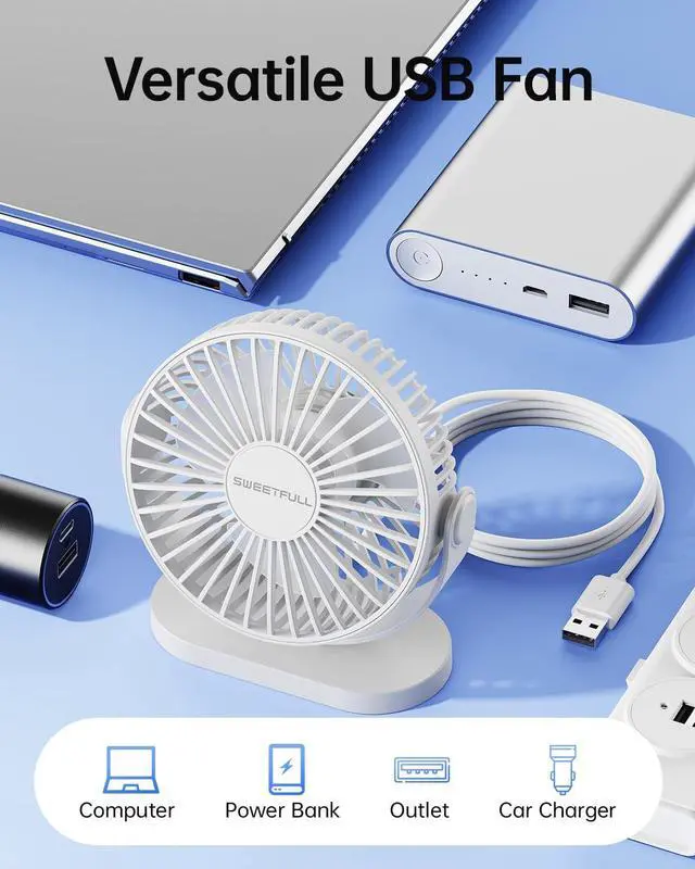 Alt view image 5 of 6 - SWEETFULL USB Desk Fan Small Quiet - 3 Speeds Mini Personal Portable Fan 360° Rotation Adjustable, 5.5 Inch Office Table Cooling Gadgets on Desktop (White)