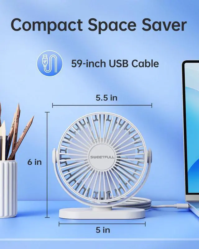 Alt view image 6 of 6 - SWEETFULL USB Desk Fan Small Quiet - 3 Speeds Mini Personal Portable Fan 360° Rotation Adjustable, 5.5 Inch Office Table Cooling Gadgets on Desktop (White)