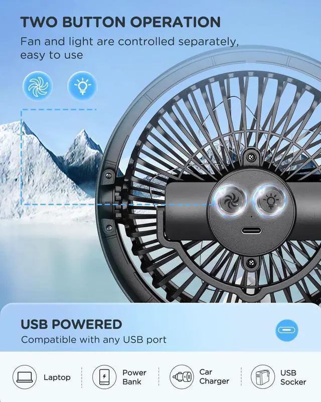 Alt view image 6 of 6 - EasyAcc Portable Fan, Desk Fan with LED Light Strong Airflow Portable Rechargeable Fan, 360°Rotatable Quiet & Powerful Personal Small Desk Table Fan Travel Fan for Desk Home Bedroom Office