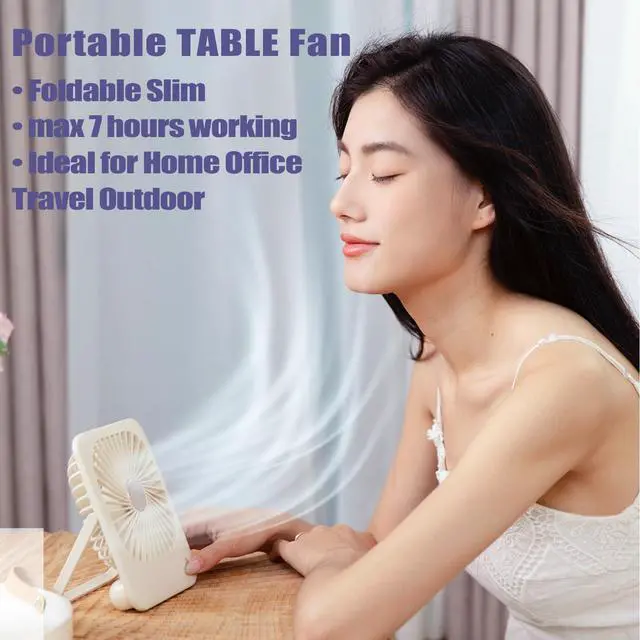 Alt view image 3 of 7 - Desk Fan Battery Rechargeable 2000mAh 180° Foldable Portable Table Fan, 3 Speeds Adjustable Long Time Battery-life personal fan for Home Travel Outdoor Office for Women Men Gift-White
