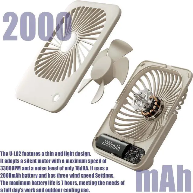 Alt view image 4 of 7 - Desk Fan Battery Rechargeable 2000mAh 180° Foldable Portable Table Fan, 3 Speeds Adjustable Long Time Battery-life personal fan for Home Travel Outdoor Office for Women Men Gift-White