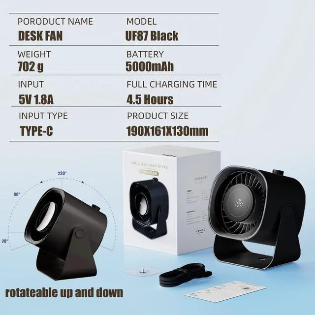 Alt view image 6 of 7 - Desk Fan Battery Rechargeable 5000mAh Fold able Portable Table Fan, 100 speeds Adjustable Long Time Battery Operated fan for Home Travel Outdoor Office for Women Men Gift - Black