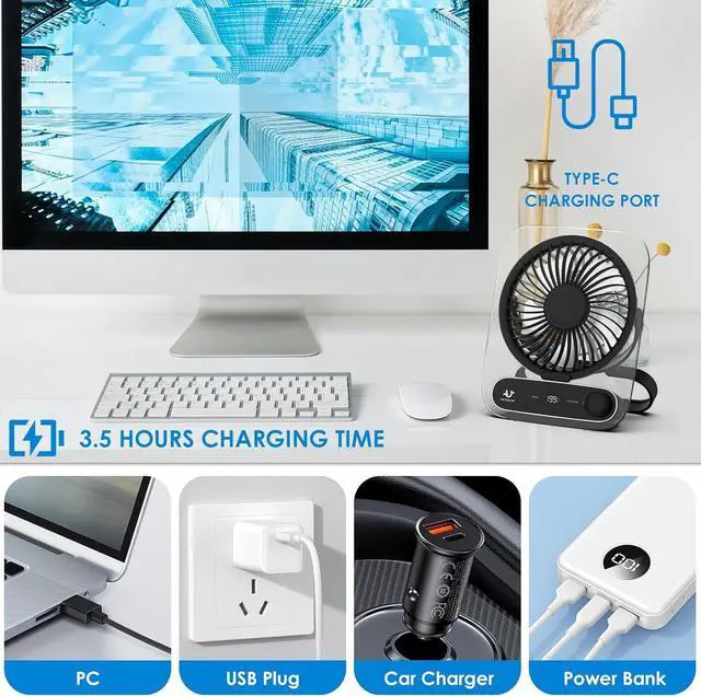 Alt view image 3 of 7 - Simpeak Desk Fan, 3000 mAh USB Rechargeable Fan, 199 Speed Portable Travel Fan, Operated 3-10 Hours, Silent Personal Small Table Fans for Bedroom Office Summer Outdoor (Black)