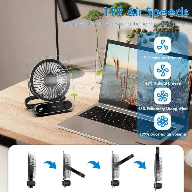 Alt view image 6 of 7 - Simpeak Desk Fan, 3000 mAh USB Rechargeable Fan, 199 Speed Portable Travel Fan, Operated 3-10 Hours, Silent Personal Small Table Fans for Bedroom Office Summer Outdoor (Black)